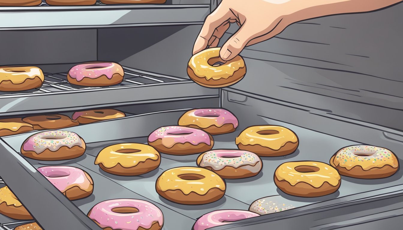 A hand placing a batch of homemade doughnuts into a freezer, followed by another hand taking them out and reheating them in an oven