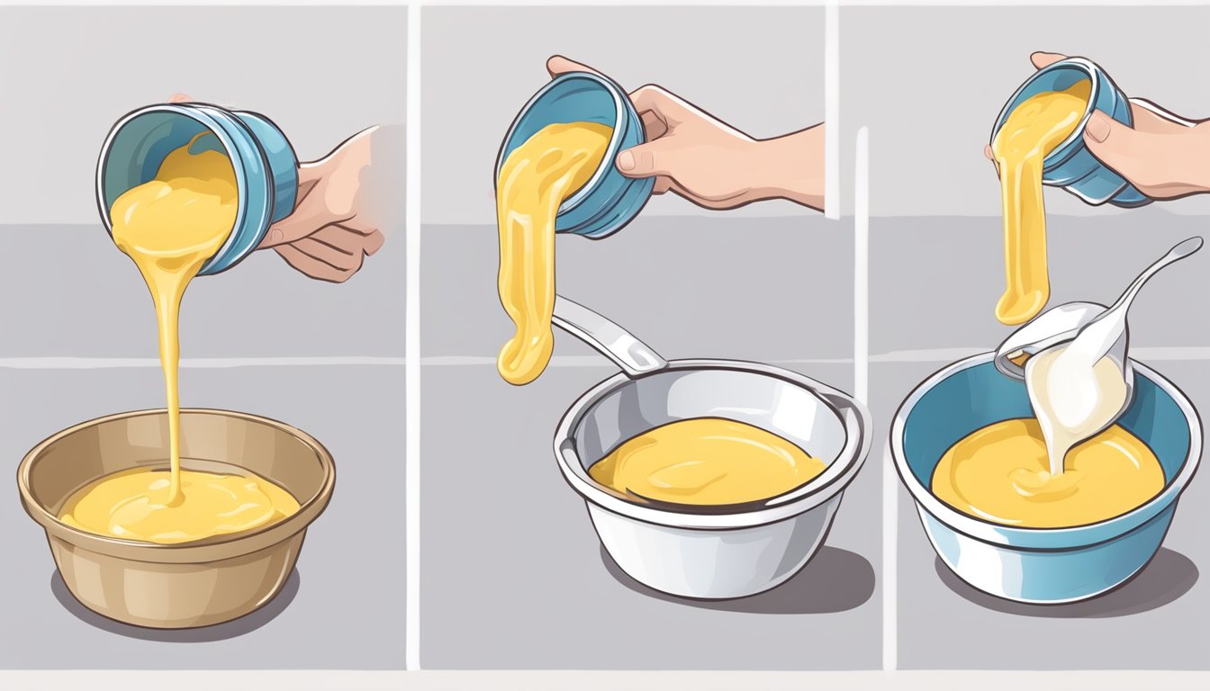 A hand pouring homemade custard into a container, placing it in the freezer, and then scooping out creamy frozen custard into a bowl