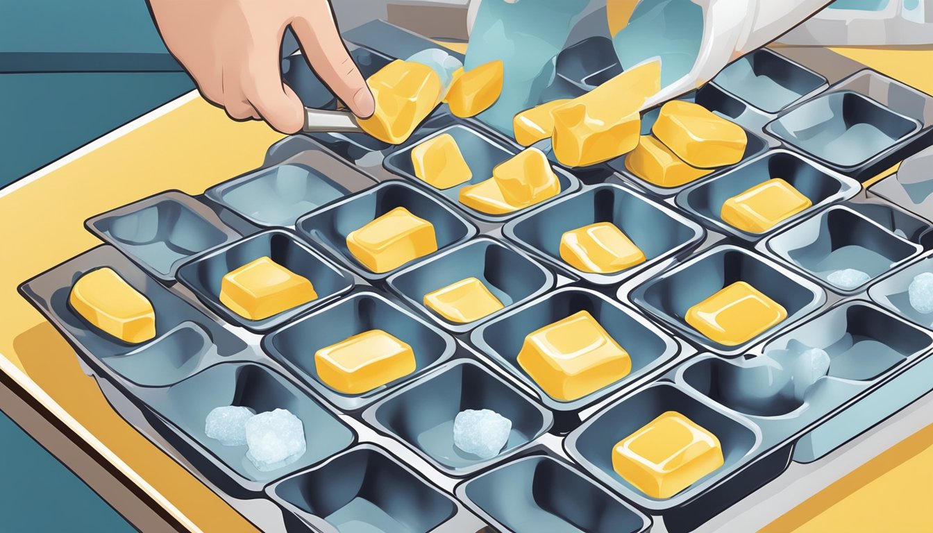 A hand pouring homemade custard into ice cube trays, then placing them in the freezer