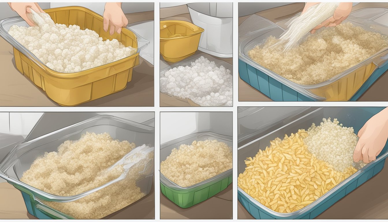 Fresh horseradish roots being washed, peeled, and grated, then packed into airtight containers before being placed in the freezer