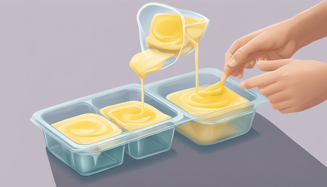 A glass container of homemade custard being carefully poured into a freezer-safe container, with a lid being placed on top