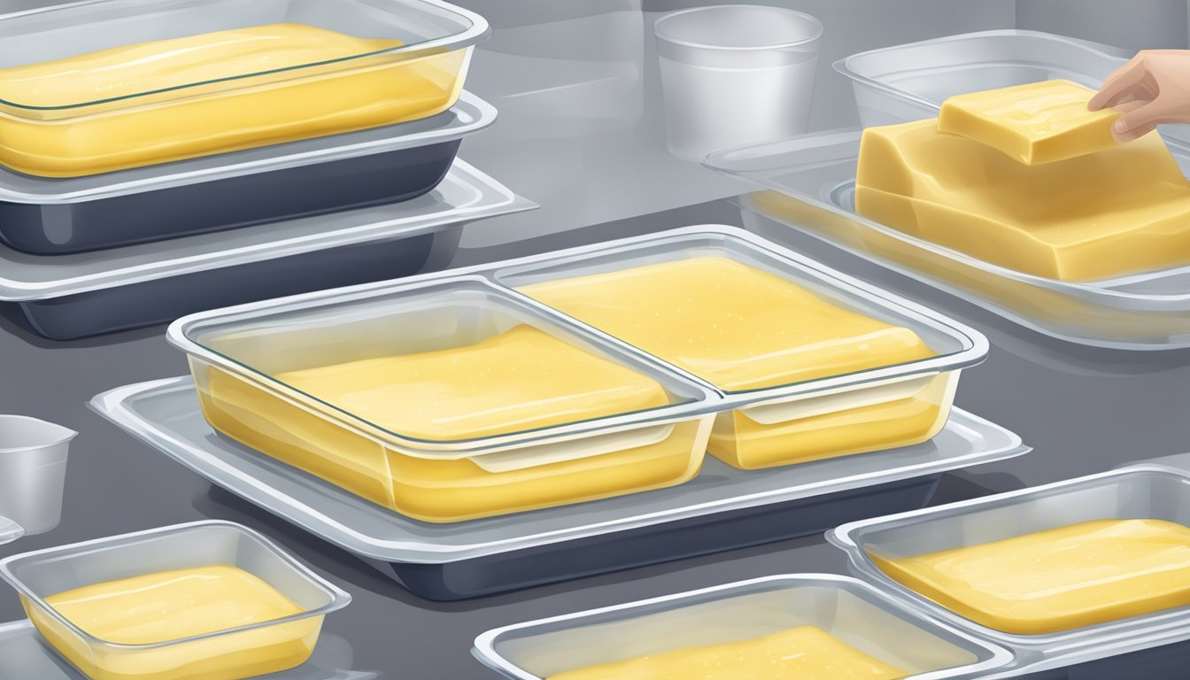 A glass baking dish filled with smooth, creamy custard being carefully covered with plastic wrap before being placed in the freezer