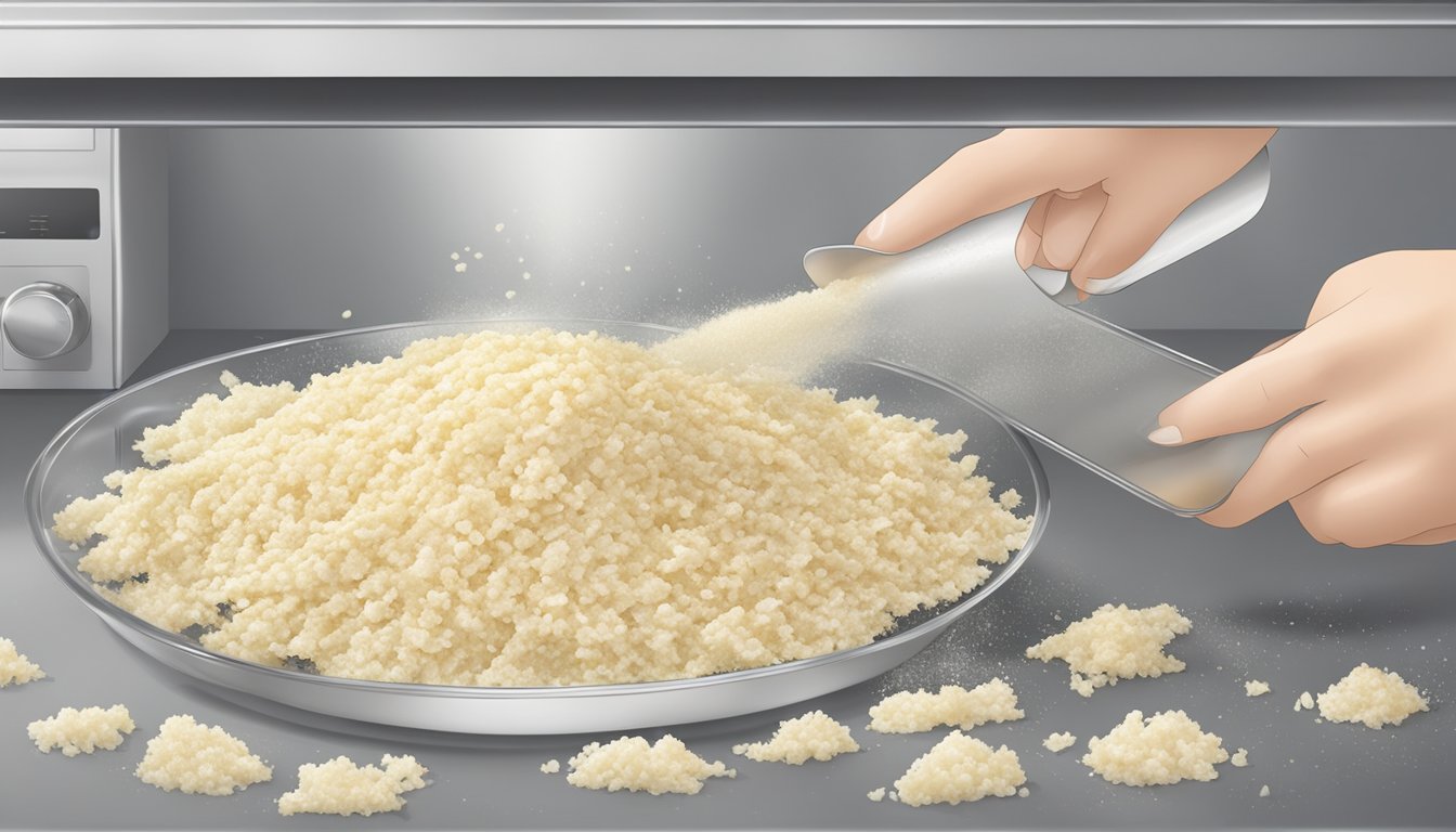 Fresh horseradish root being grated into a bowl, with the grated pieces being spread out on a baking sheet and placed in the freezer