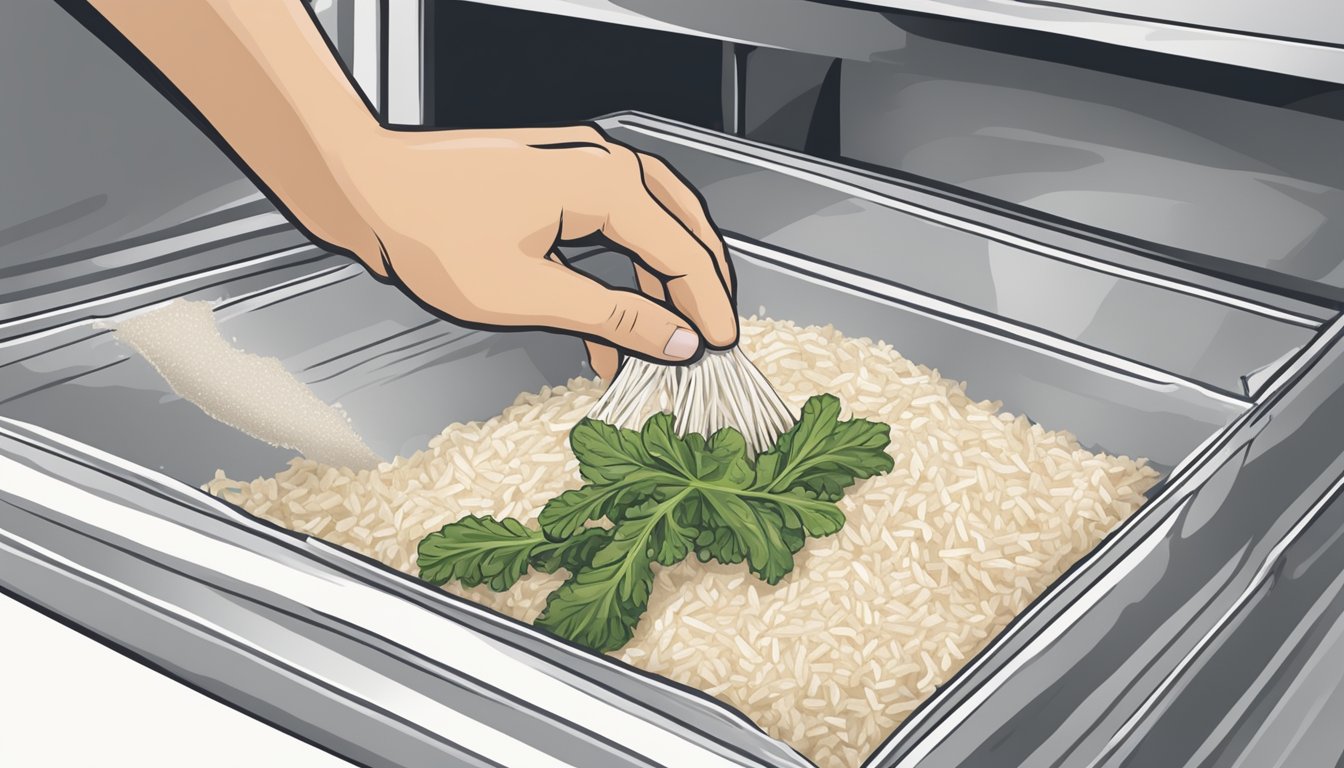 A hand reaching into a freezer, pulling out a bag of freshly grated horseradish, ready to be used in zesty sauces