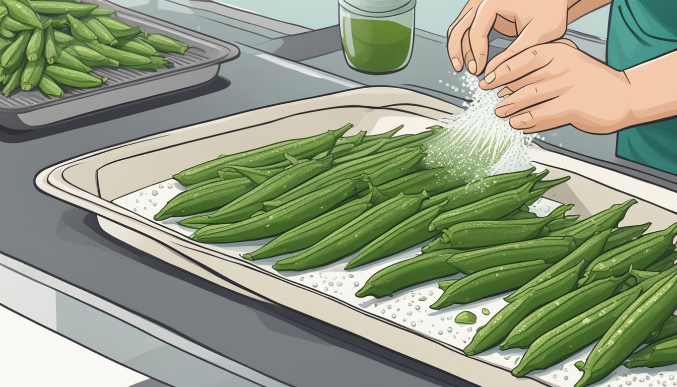 Fresh okra being washed, trimmed, and spread out on a baking sheet. A hand sprinkles the okra with salt before placing it in the freezer