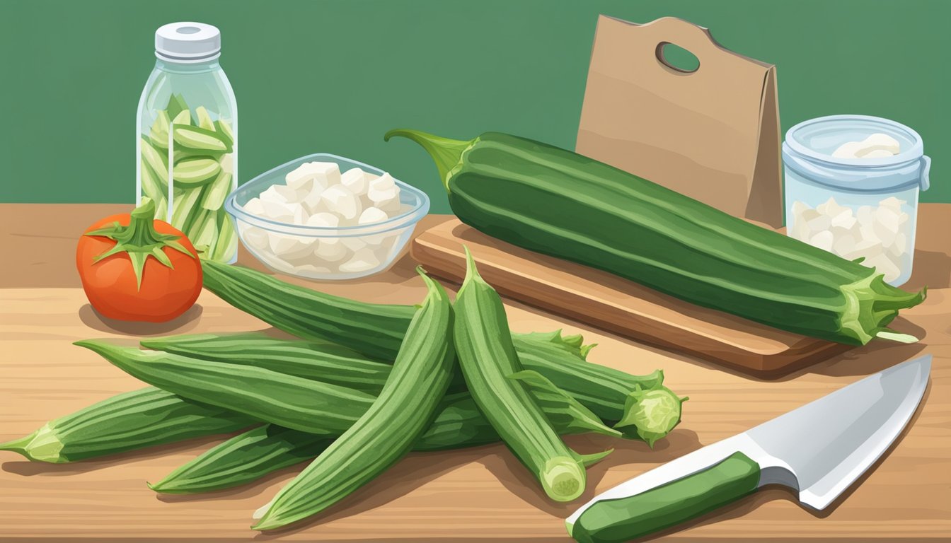 A kitchen counter with fresh okra, a cutting board, a knife, and a freezer bag