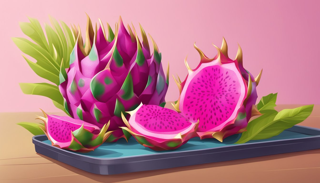 A ripe dragon fruit sliced and placed on a tray, with a freezer in the background