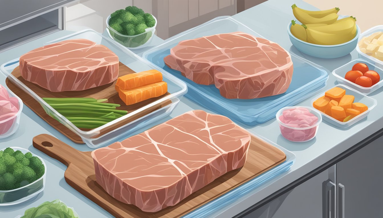 Pork chops on a cutting board, wrapped in plastic, next to a freezer with other frozen foods