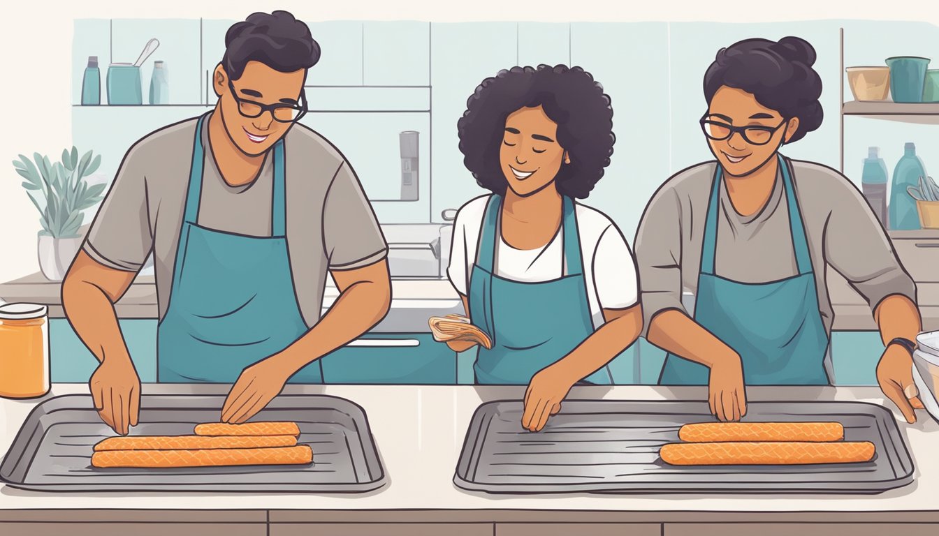 A parent placing homemade fish sticks on a baking sheet, then wrapping it tightly with plastic wrap before placing it in the freezer