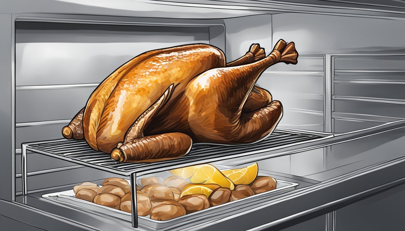 A cooked turkey is being placed in a freezer. Later, it is removed and being reheated in an oven