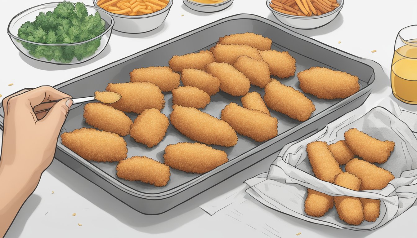 A hand placing freshly breaded fish sticks onto a baking sheet lined with parchment paper, ready to be frozen