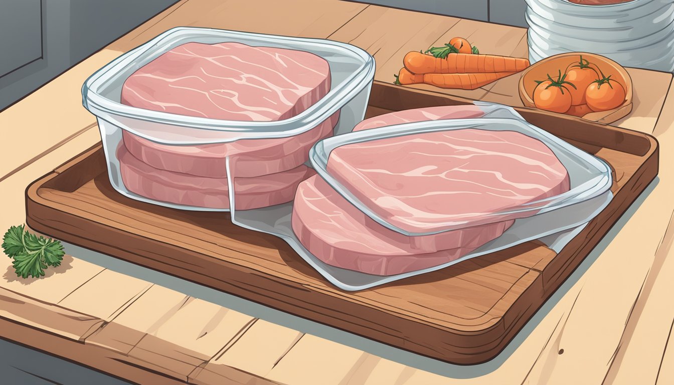 A stack of frozen pork chops arranged on a cutting board next to a sealed freezer bag