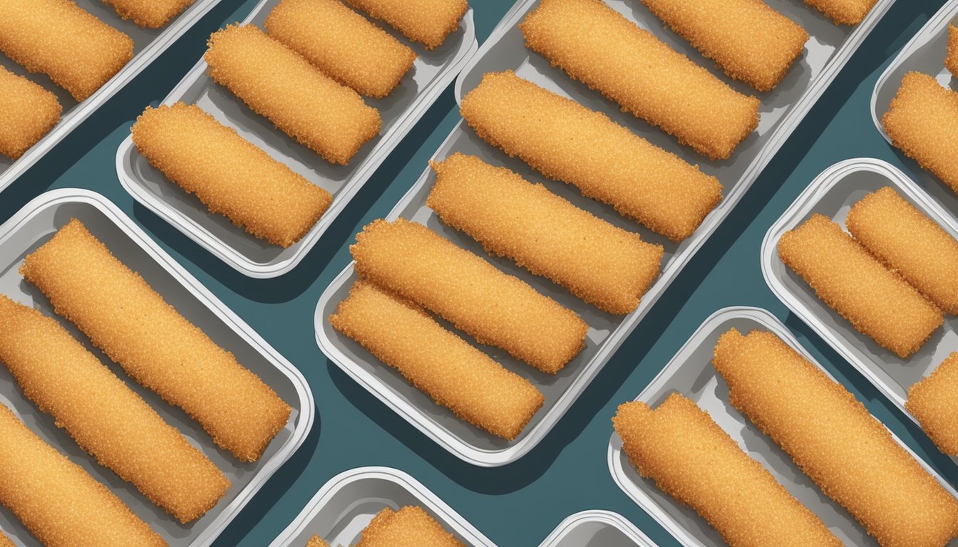 A tray of homemade fish sticks arranged in rows, coated in breadcrumbs, and placed in the freezer on a baking sheet