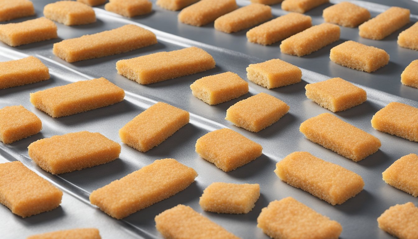 Homemade fish sticks being coated, breaded, and arranged on a baking sheet before being placed in the freezer