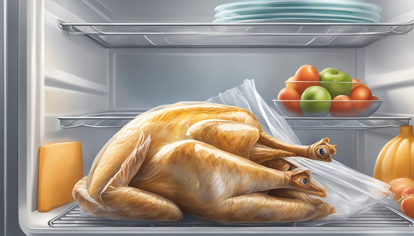 A cooked turkey being carefully wrapped in plastic wrap and placed in a freezer-safe container