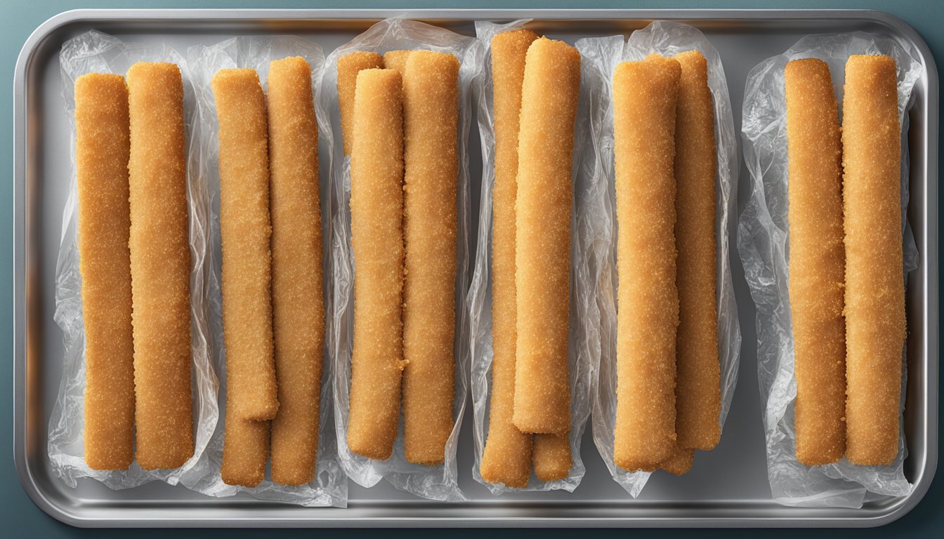 Homemade fish sticks arranged on a baking sheet, covered in plastic wrap, and placed in the freezer