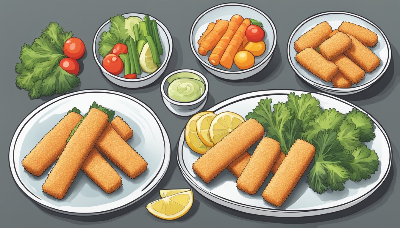 A plate of frozen fish sticks arranged neatly with a side of vegetables, ready to be served to kids