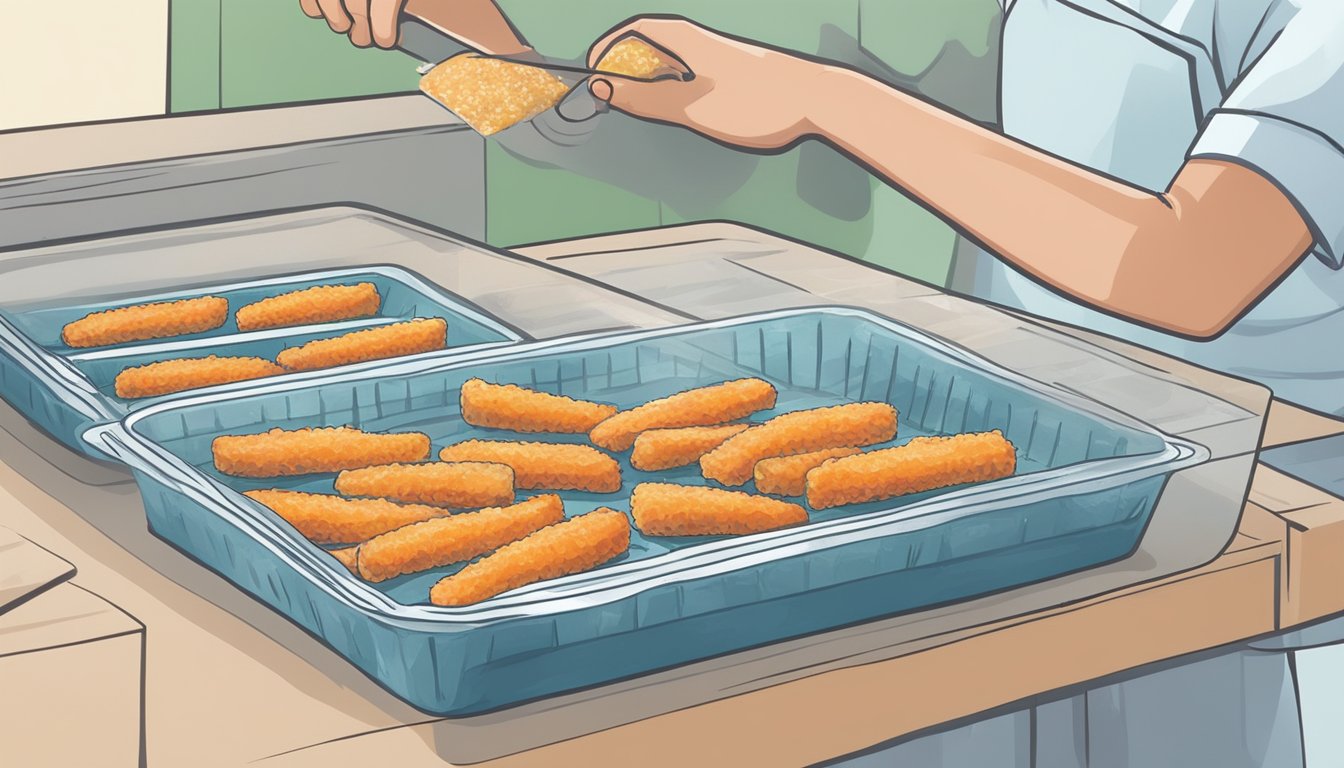 A parent places homemade fish sticks on a baking sheet. They cover it with plastic wrap and place it in the freezer