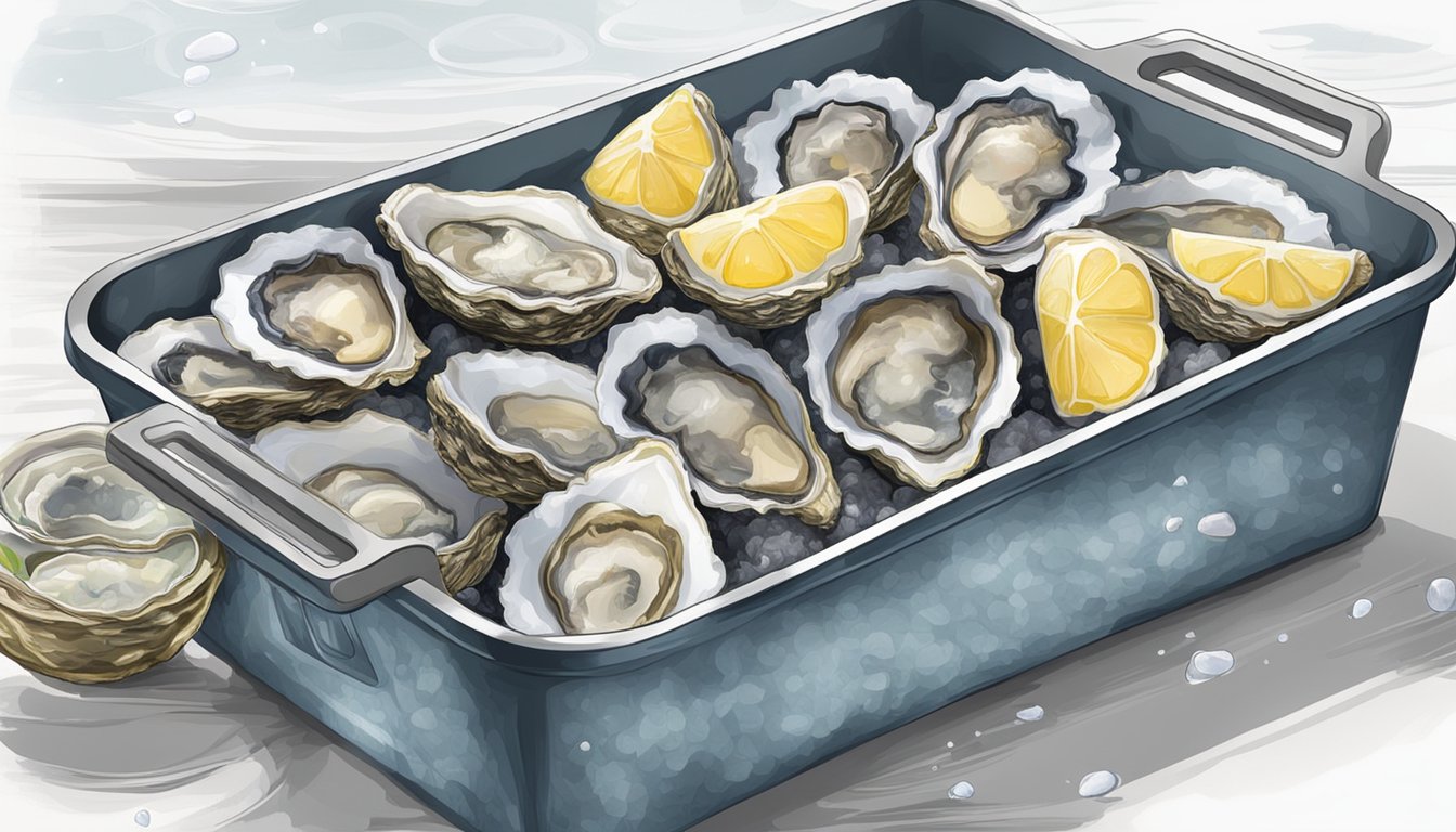 Fresh oysters placed in airtight containers, then stored in a freezer