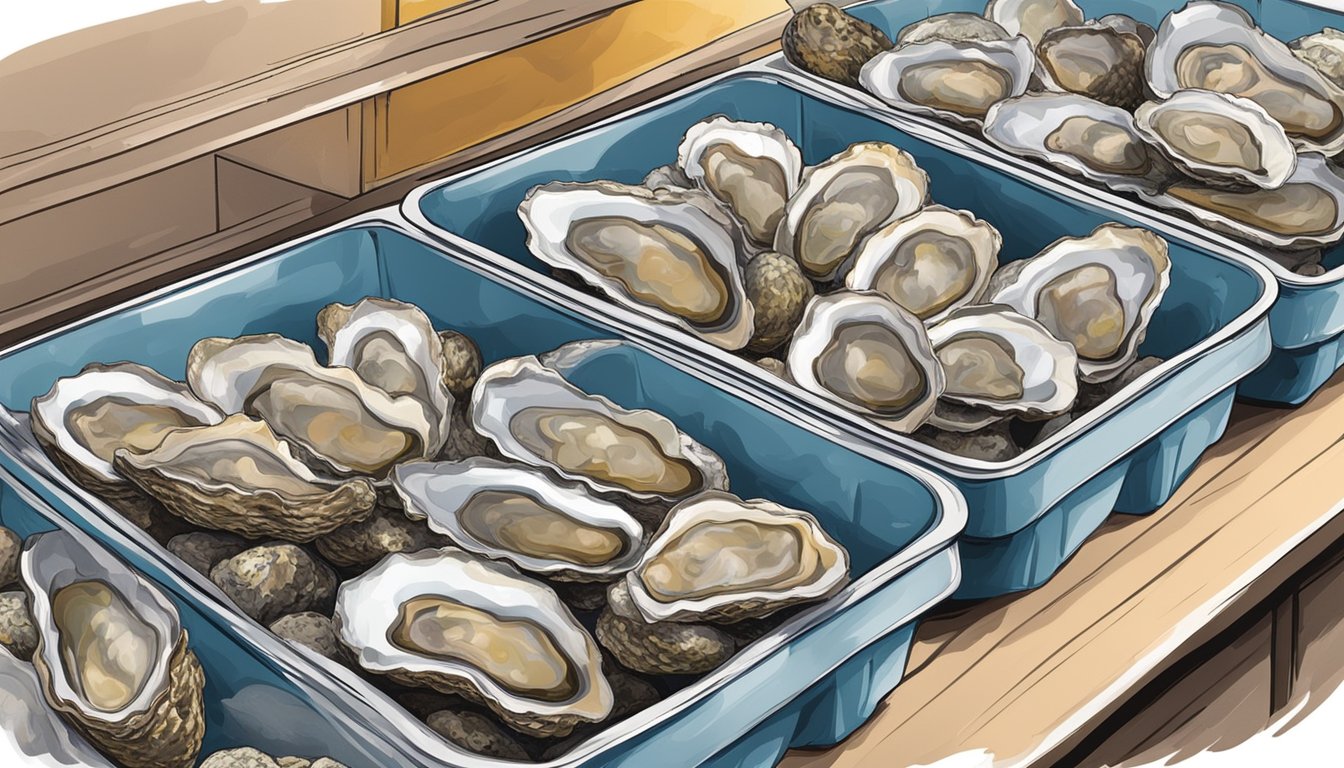 Fresh oysters being carefully placed in airtight containers and stored in a freezer. Labels indicating date and type of oysters are visible