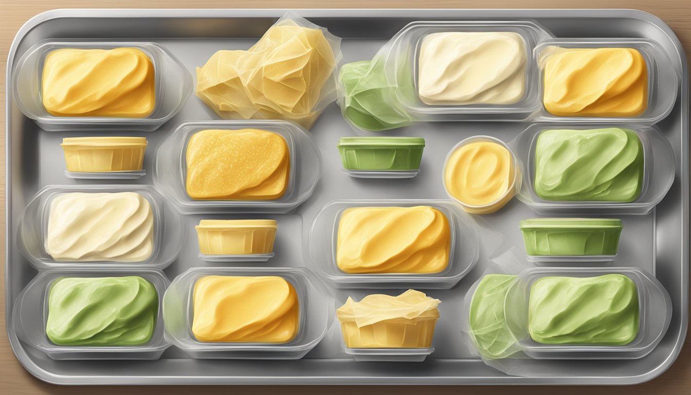 A variety of homemade flavored butters arranged on a tray, with some wrapped in plastic wrap and placed in the freezer