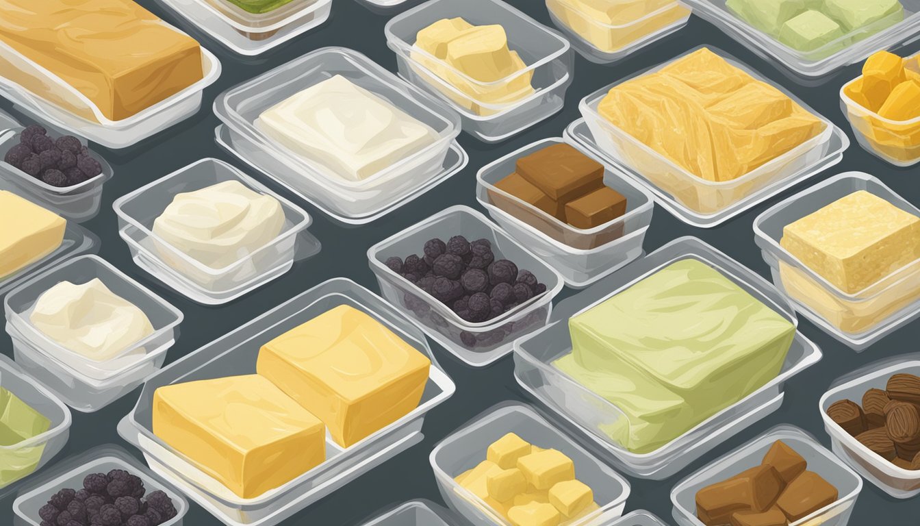 A variety of homemade flavored butters arranged on a tray, with some wrapped in wax paper and others in small containers, ready to be frozen