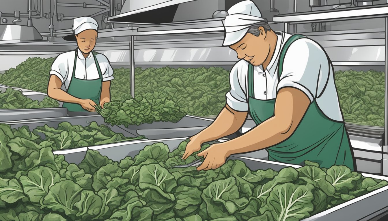 Fresh collard greens being carefully washed, trimmed, and blanched before being packed into airtight freezer bags to prevent freezer burn