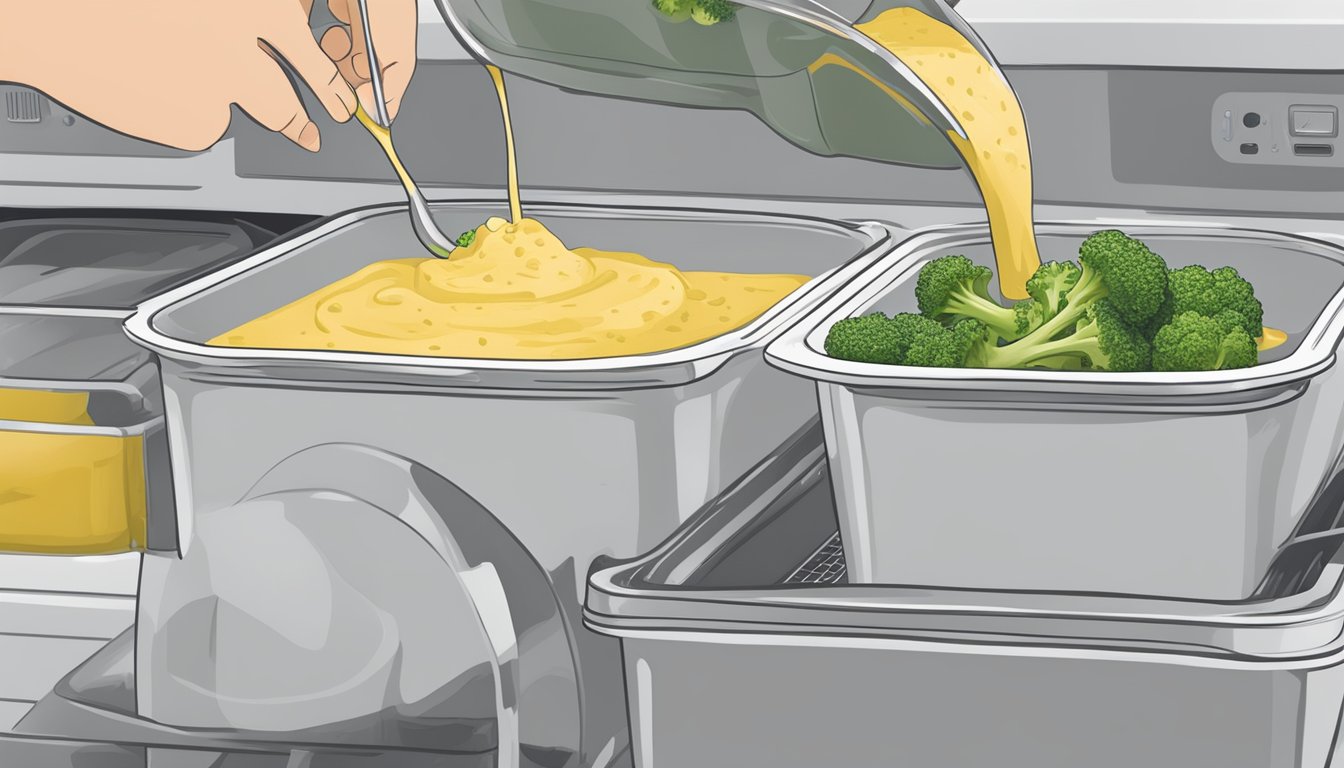 A pot of broccoli cheddar soup being poured into freezer-safe containers