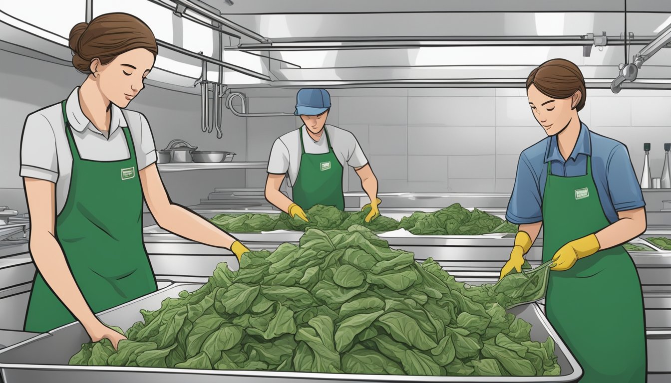 Fresh collard greens being carefully washed, chopped, and placed into airtight freezer bags. Labels with date and contents are affixed before being placed in the freezer