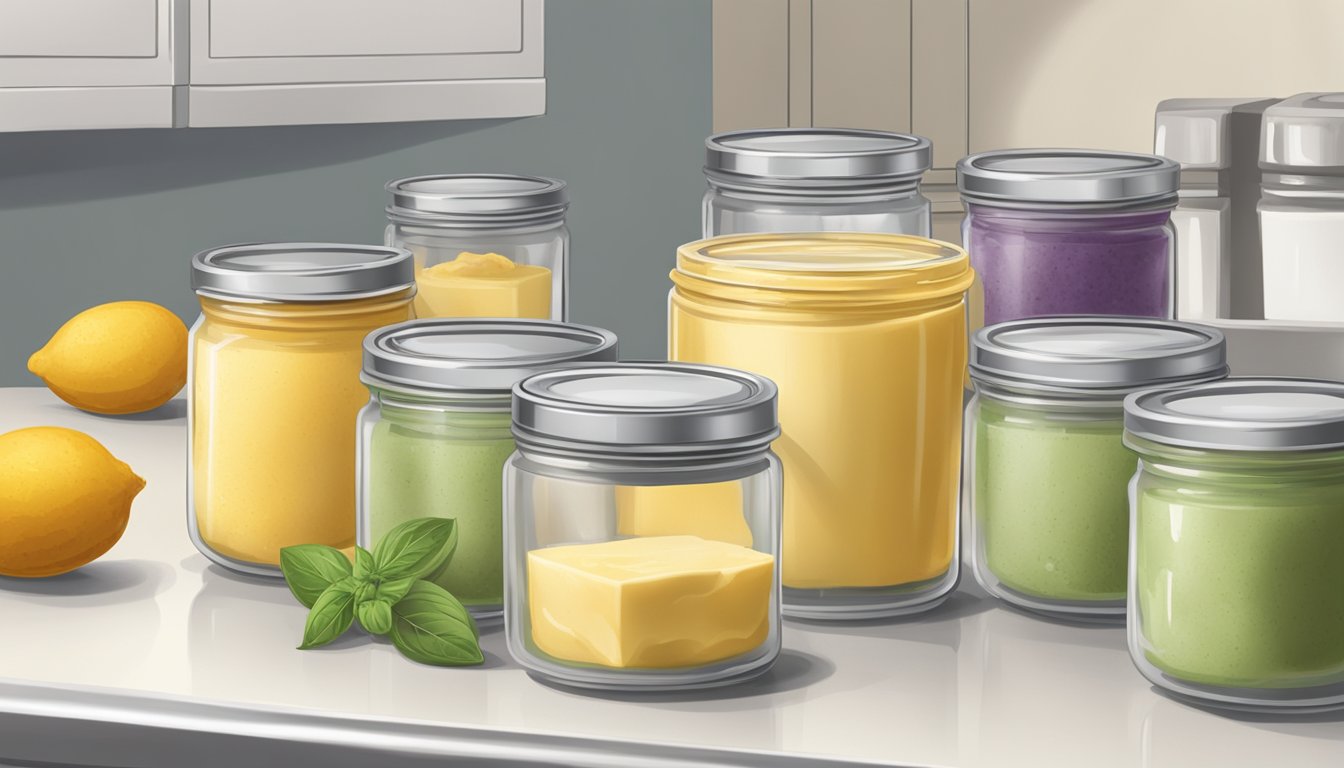 A kitchen counter with various containers of homemade flavored butters being placed into a freezer