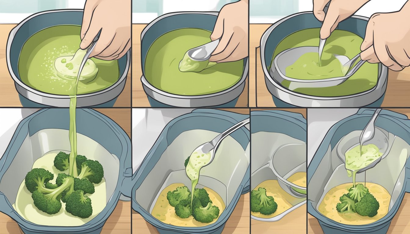 A pot of homemade broccoli cheddar soup being poured into individual containers, then placed in the freezer