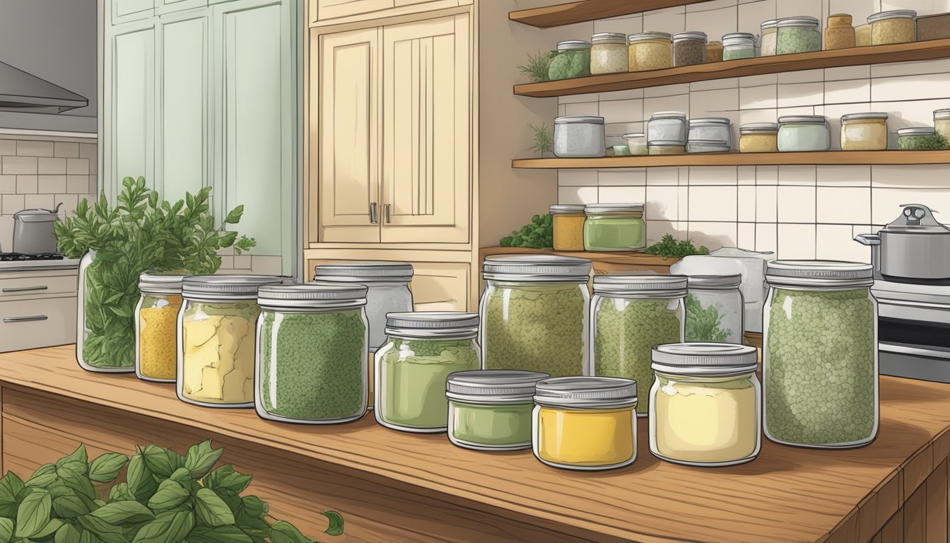 A kitchen counter with jars of homemade flavored butters, surrounded by fresh herbs and spices. A freezer door is open, revealing neatly stacked containers of frozen butter