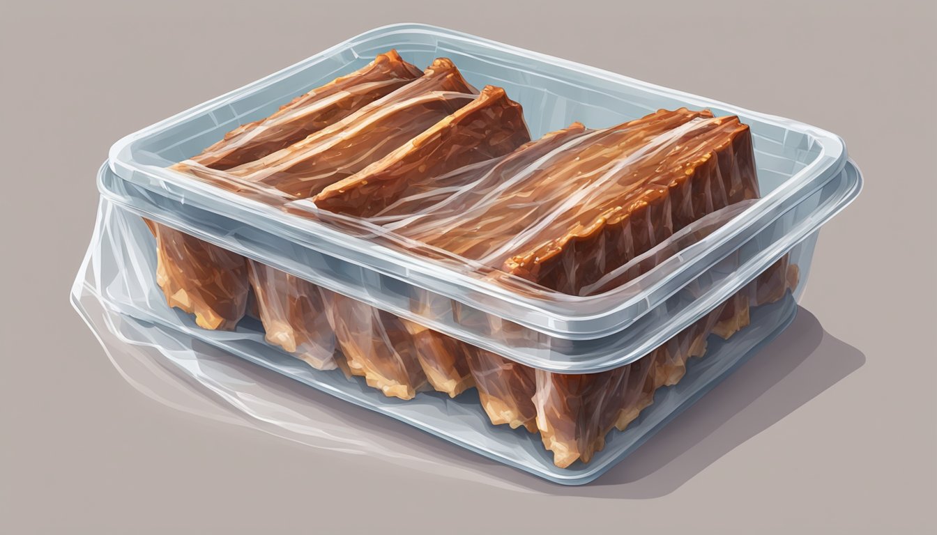 A stack of cooked ribs being carefully wrapped in plastic wrap and placed into a freezer for storage