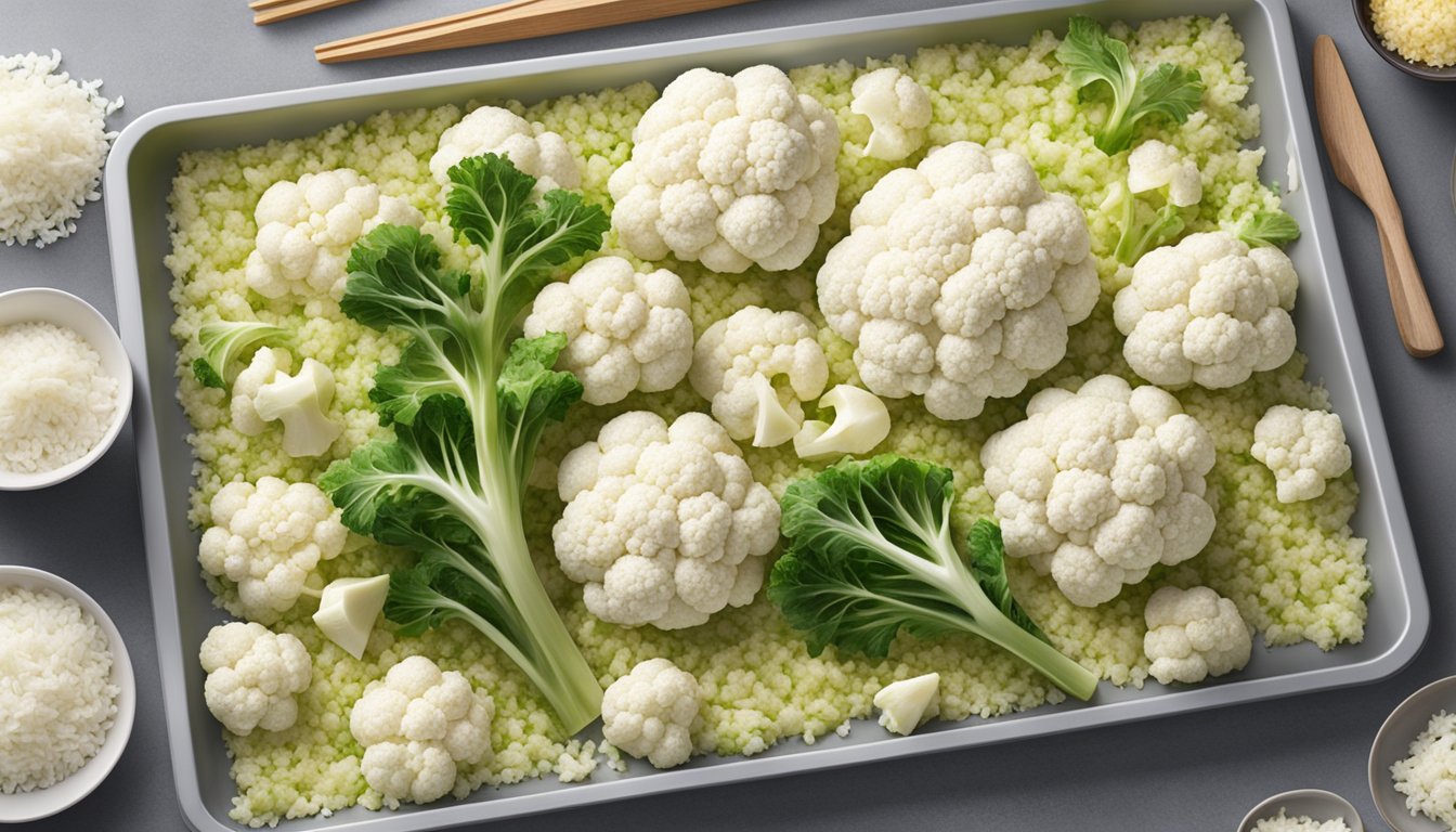 Cauliflower being chopped into rice-sized pieces and spread out on a baking sheet, then placed in the freezer