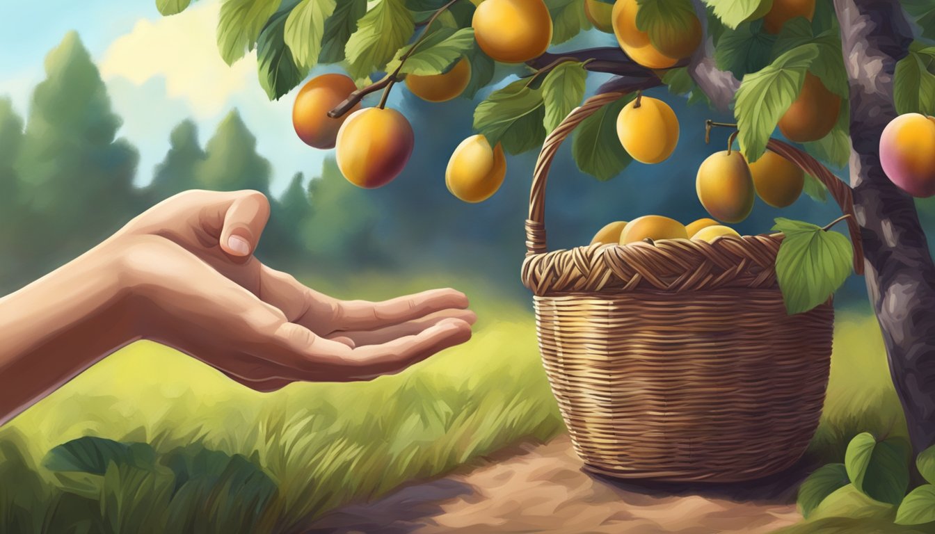 A hand reaching for ripe plums on a tree, a basket on the ground