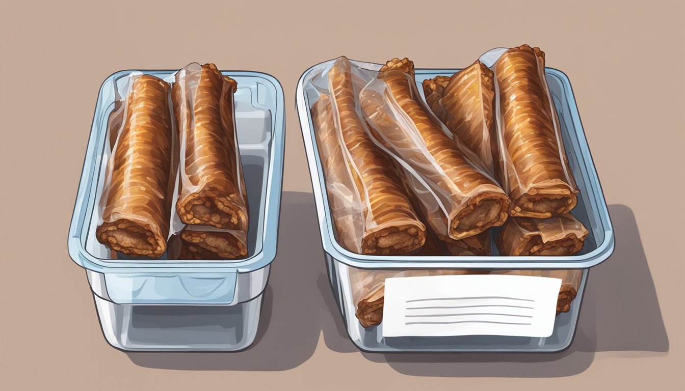 A pair of hands wrap cooked ribs in plastic wrap, then place them in a freezer-safe container. Labels and tape are nearby