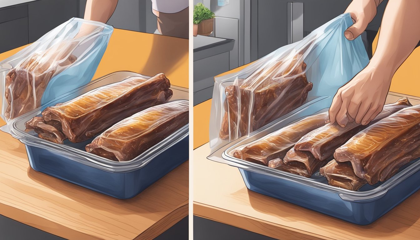 Cooked ribs being placed in airtight bags, then stored in a freezer