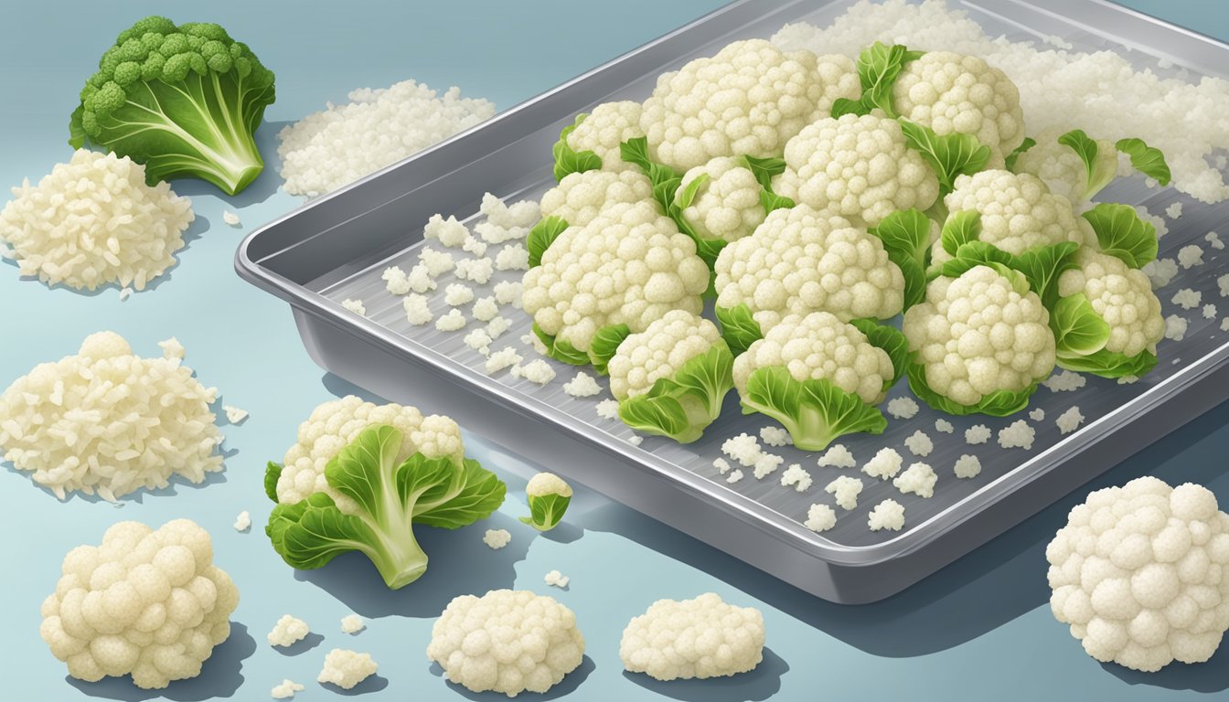 Cauliflower being grated into rice-sized pieces, then spread onto a baking sheet and placed in the freezer