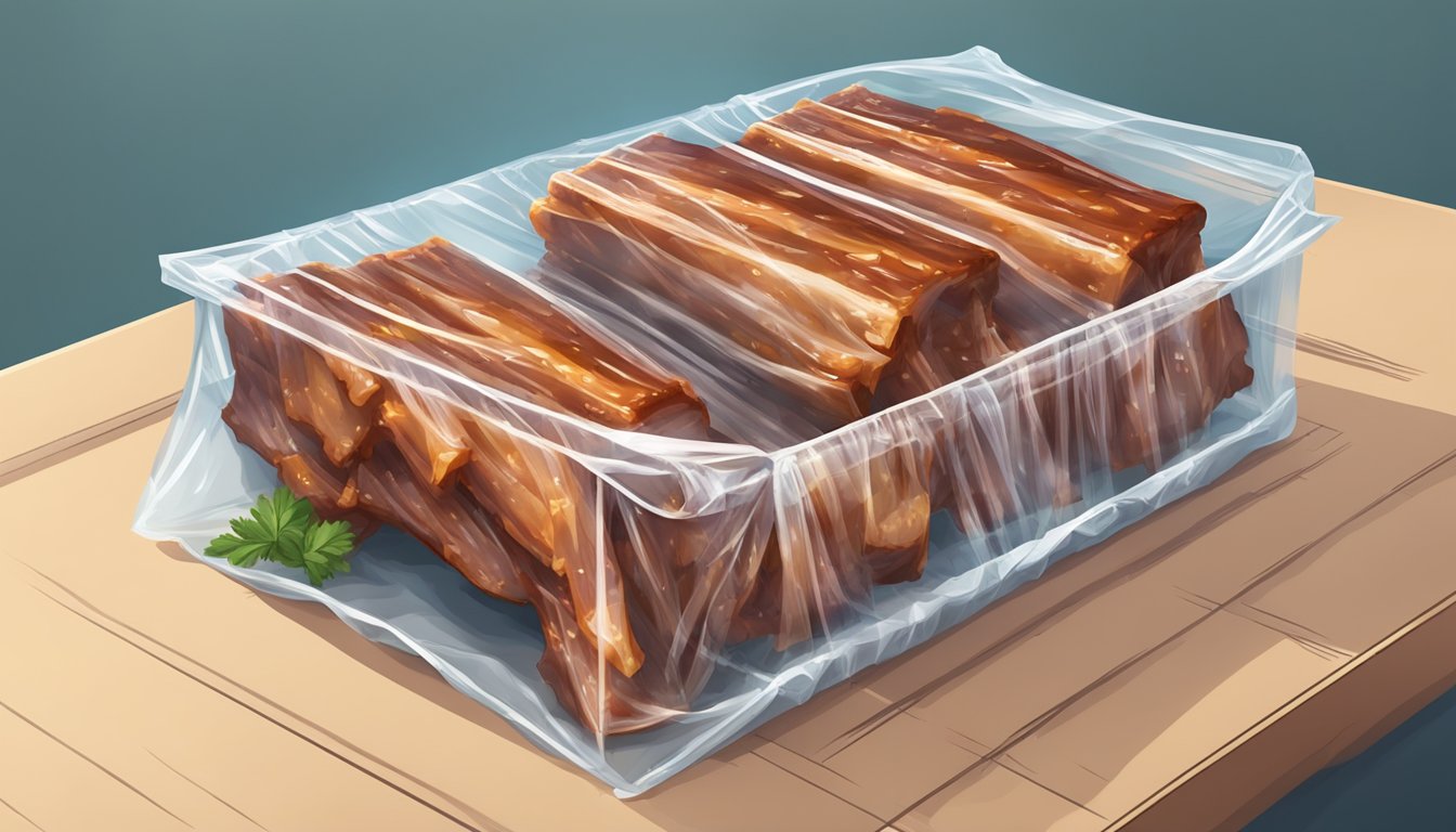 A rack of cooked ribs being carefully wrapped in plastic wrap and placed into a freezer for storage