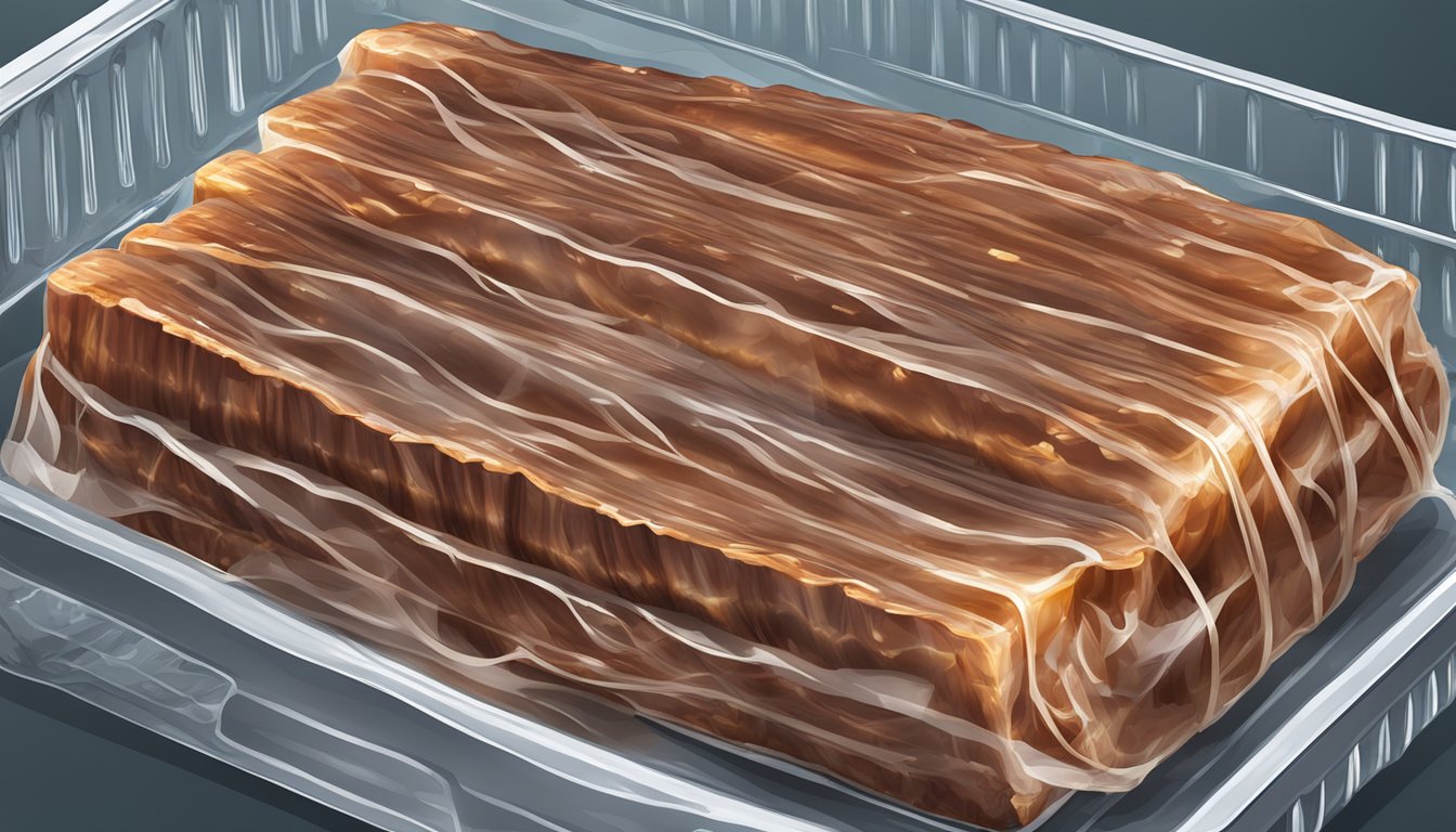 A slab of cooked ribs wrapped in plastic, placed in a freezer