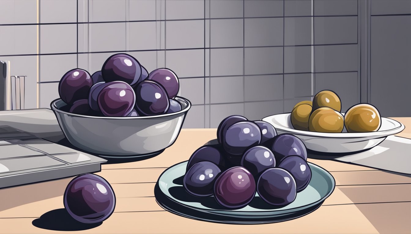 Fresh plums arranged on a clean kitchen counter, some whole and some sliced, with a bowl of sugar and a tray for freezing