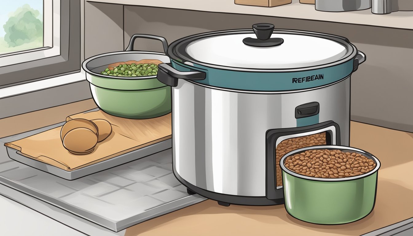 A pot of homemade refried beans being transferred into a freezer-safe container and placed in the freezer, then later being reheated on the stove