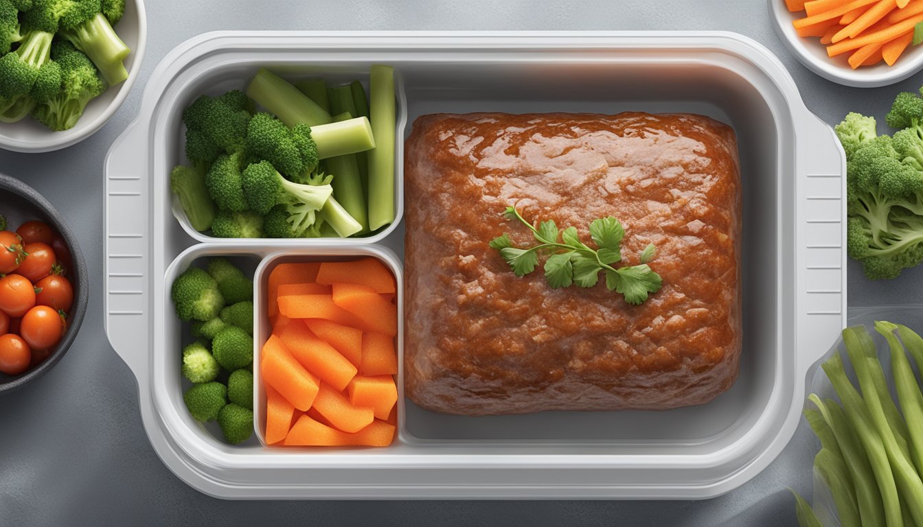 A cooked meatloaf wrapped in plastic wrap and placed in a freezer bag, surrounded by frozen vegetables and labeled containers