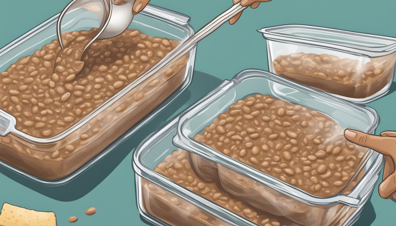 Homemade refried beans being scooped into airtight containers, then placed in the freezer