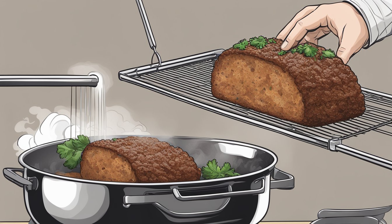 A hand placing a cooked meatloaf on a wire rack, with steam rising from the loaf