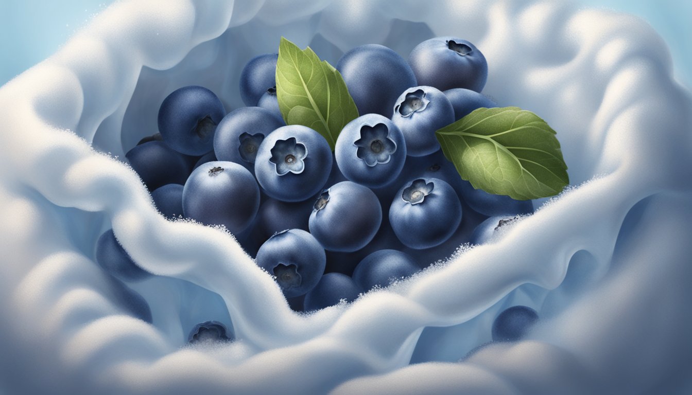 Fresh blueberries pouring into a freezer bag, surrounded by a cloud of frost