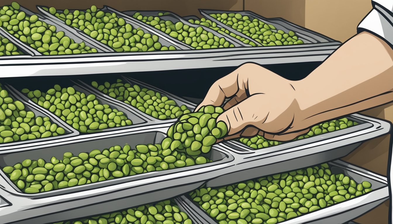 A hand reaching into a bag of fresh edamame, selecting and placing them into a freezer-safe container