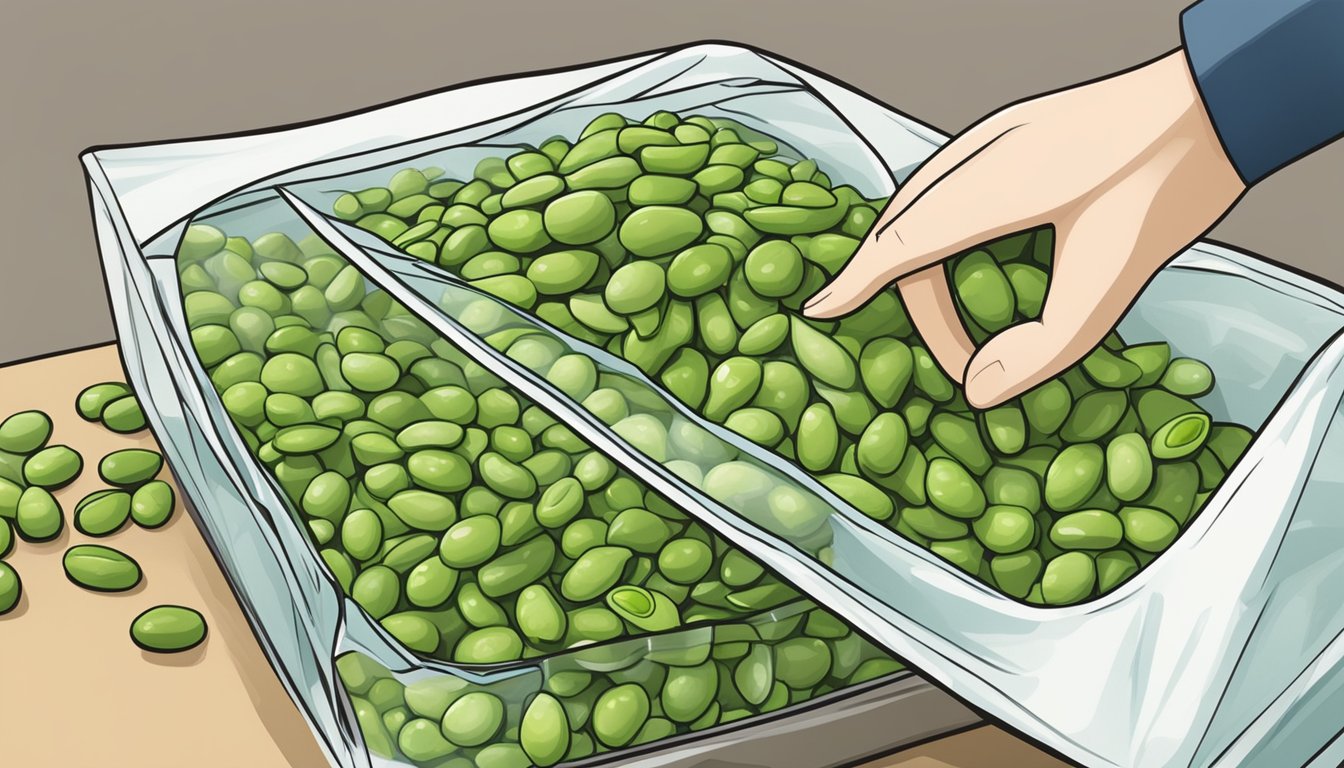 Fresh edamame pods being placed in airtight bags and stored in the freezer for healthy snacking