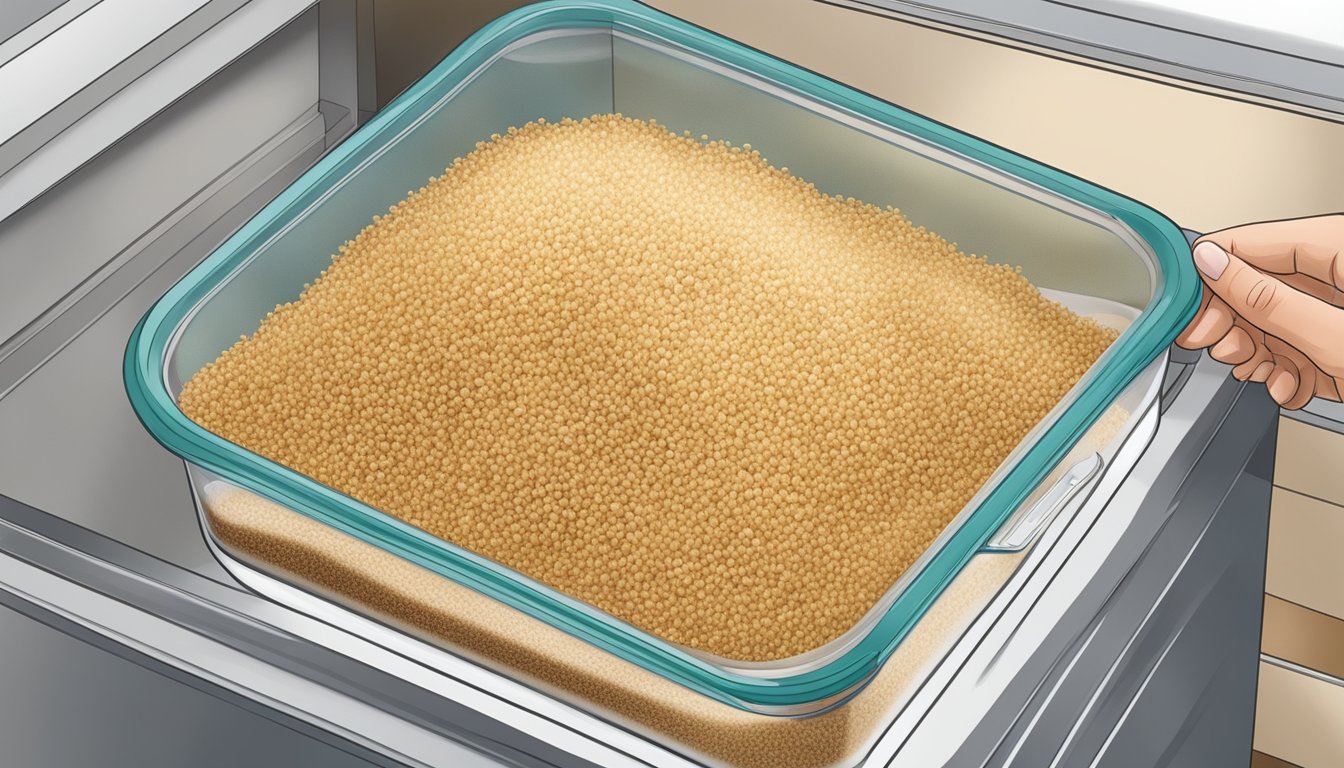 A clear, airtight container filled with cooked quinoa being placed into a freezer