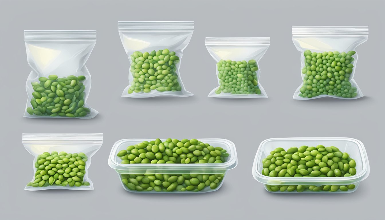 Fresh edamame pods being placed in a freezer bag, sealed and placed in the freezer